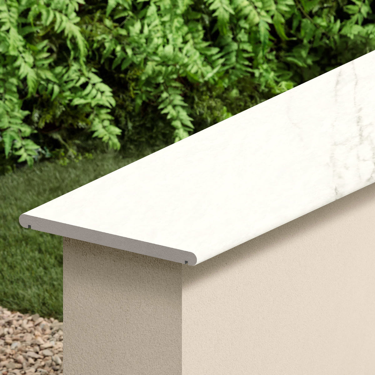 Couvertine effet Marbre Blanc Calacatta Armonia 120x30x2 cm Bord 1/2 Rond Double Larmier Orsiano