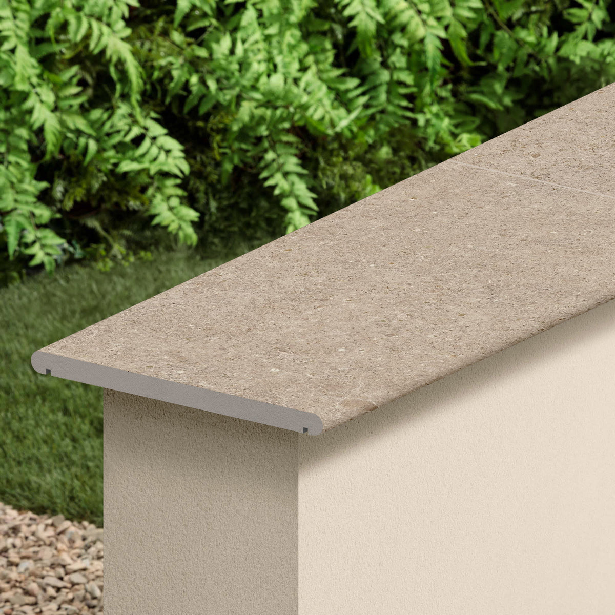 Couvertine effet Pierre Calcaire Grège 60x30x2 cm Bord 1/2 Rond Double Larmier Domella