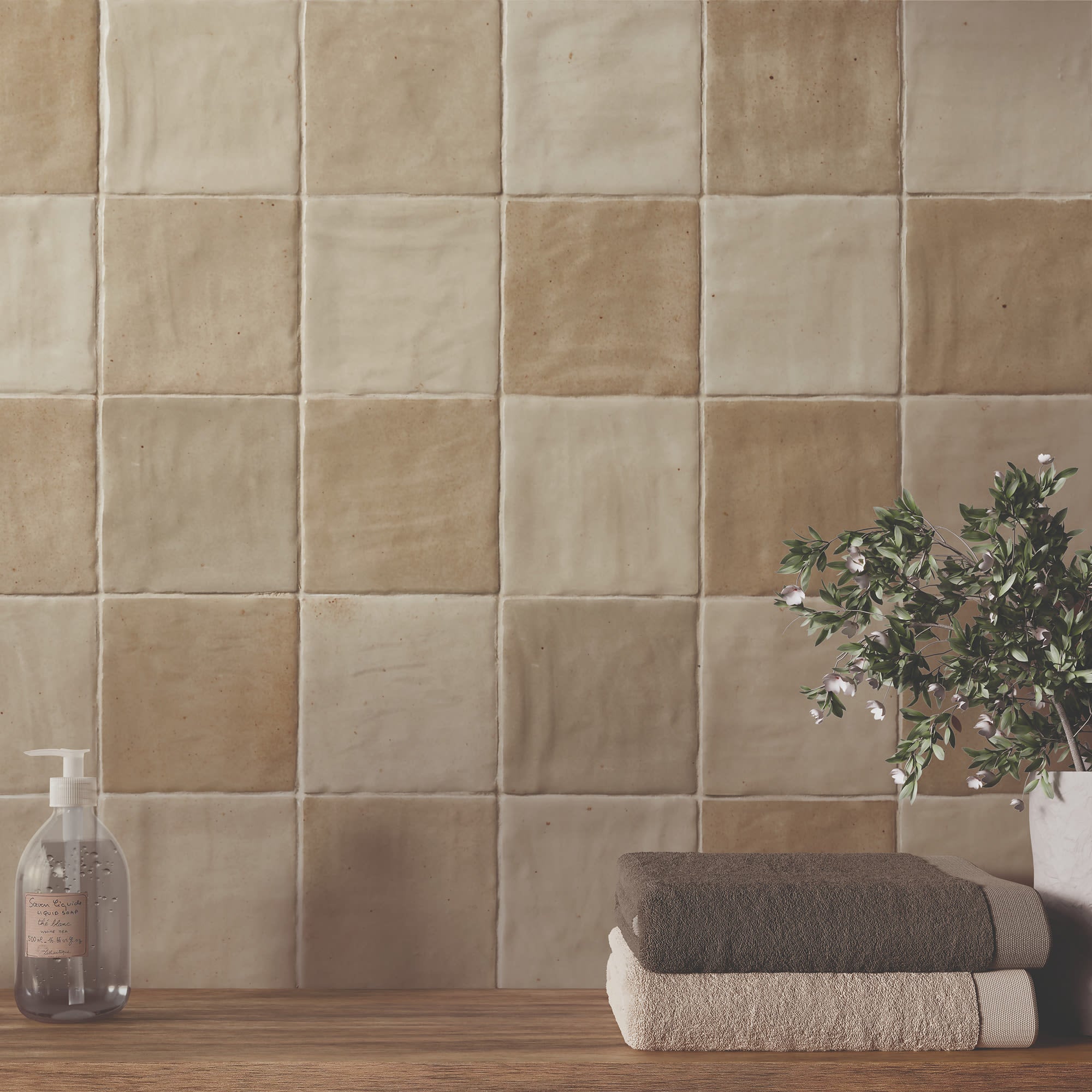 Carrelage effet Zellige Beige 10x10x0,85 cm Brillant Orisel - Mur intérieur