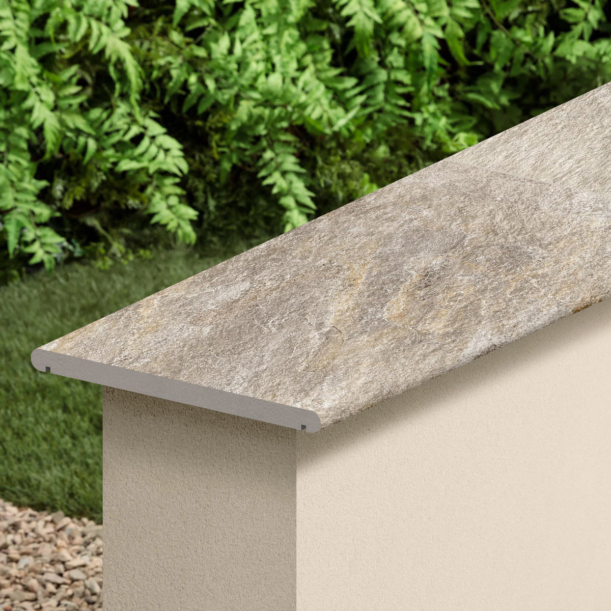 Couvertine effet Pierre Quartzite Gris Argent 60x30x2 cm Bord 1/2 Rond Double Larmier Salvero
