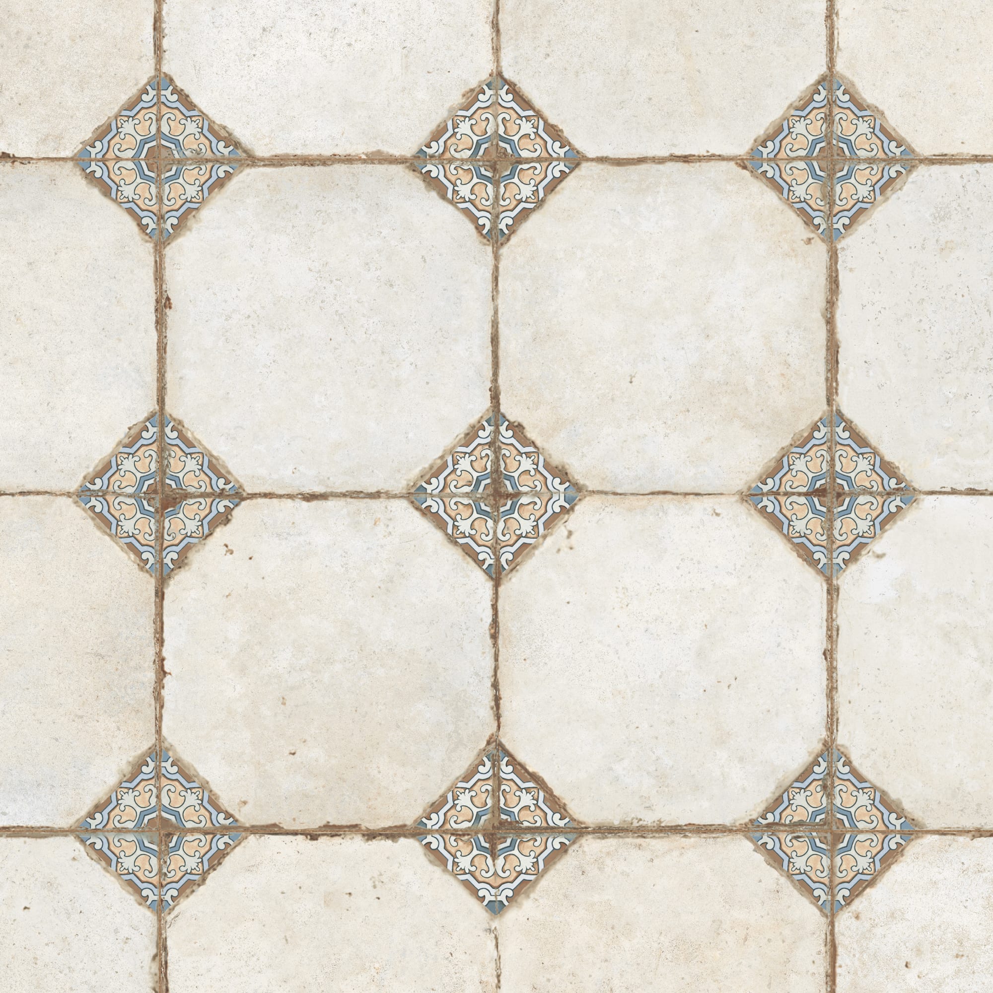 Carrelage Vintage Blanc et Multicolore Cabochon 45,2x45,2x0,95 cm Sorelia - Sol et mur intérieur