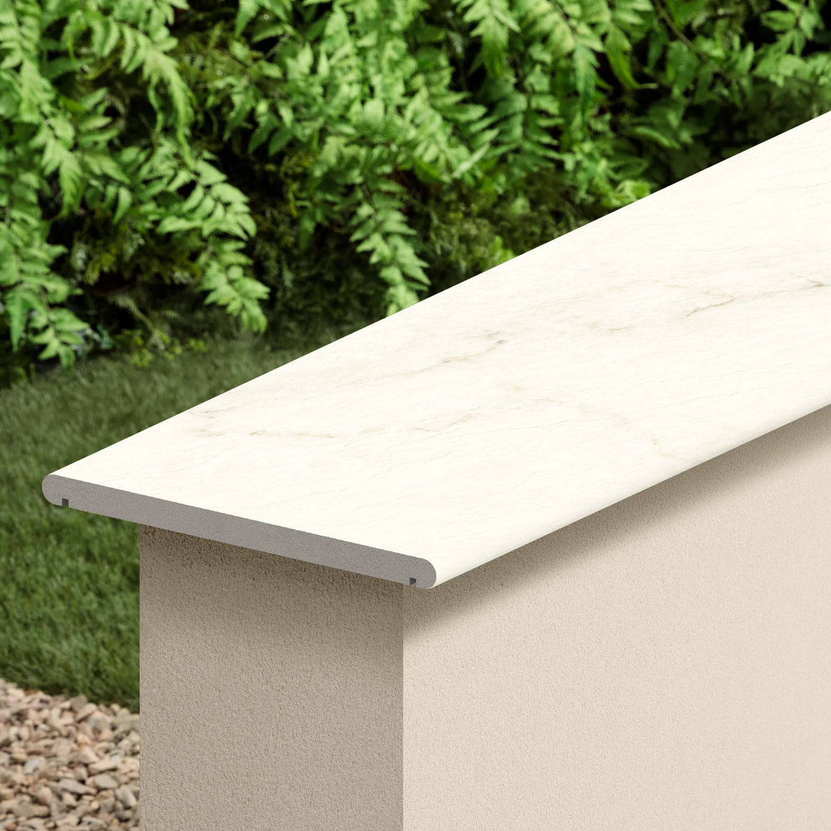 Couvertine effet Marbre Blanc Calacatta Divino 120x30x2 cm Bord 1/2 Rond Double Larmier Montira