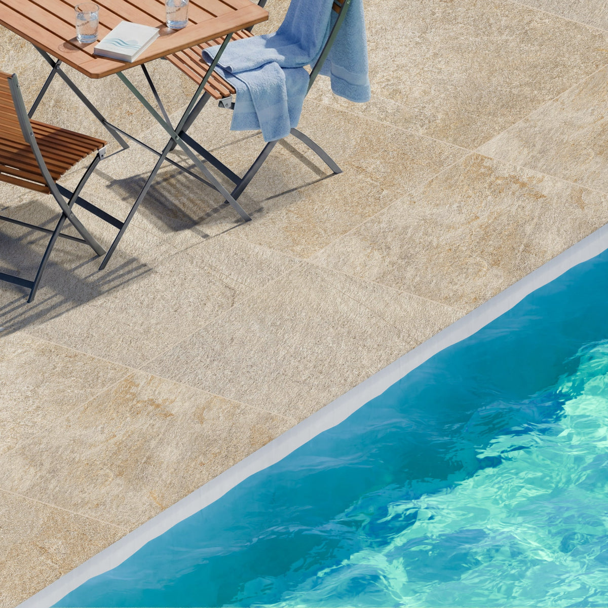 Margelle de piscine effet Pierre Quartzite Beige Doré 90x60x2 cm Bord 1/2 Rond Salvero