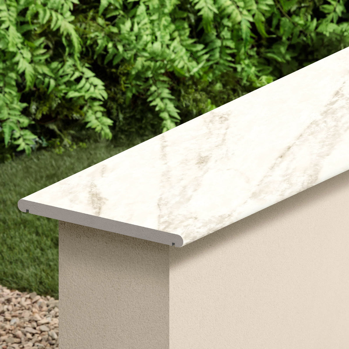 Couvertine effet Marbre Blanc Calacatta Sublime 120x30x2 cm Bord 1/2 Rond Double Larmier Orsiano