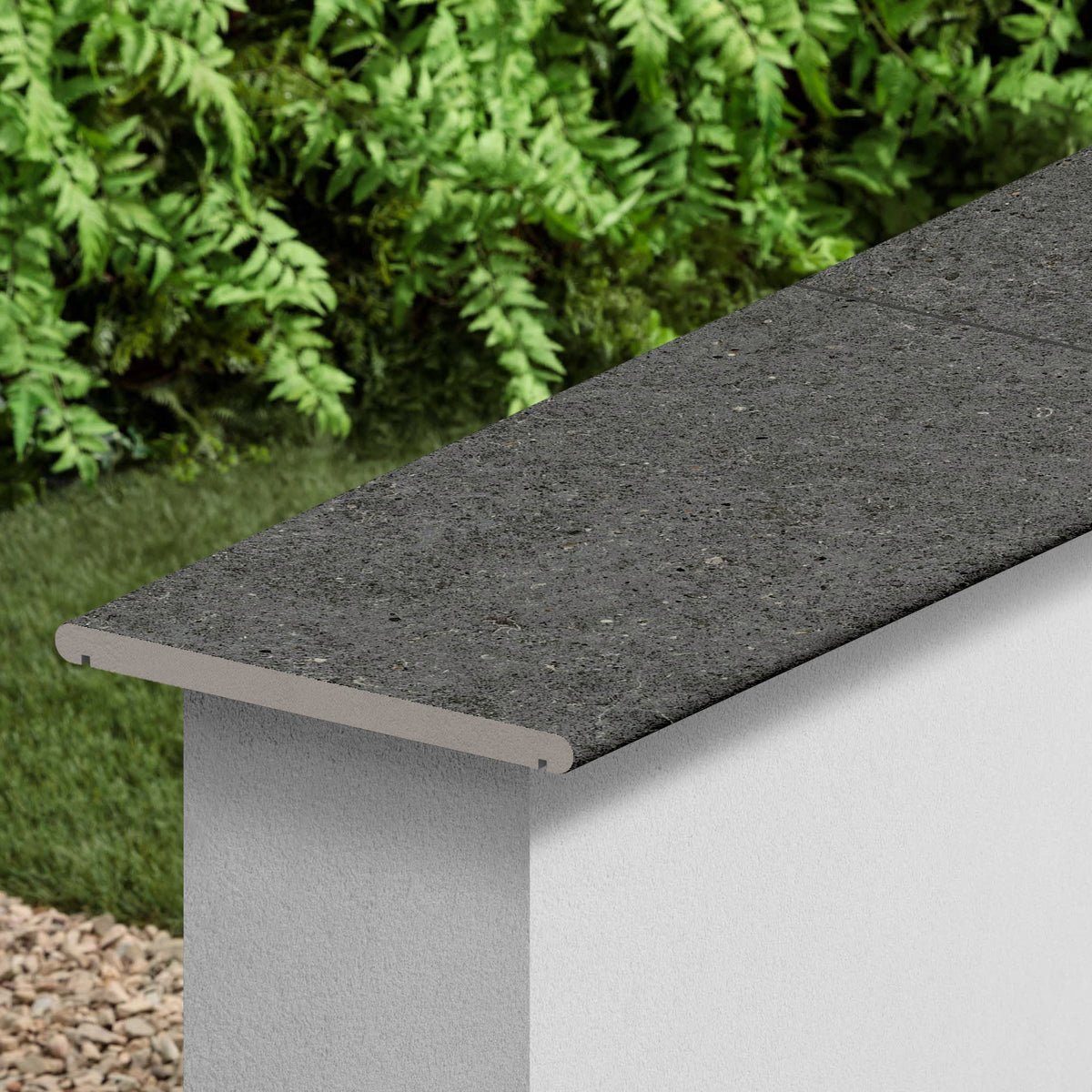 Couvertine effet Pierre Calcaire Gris Carbone 60x30x2 cm Bord 1/2 Rond Double Larmier Domella