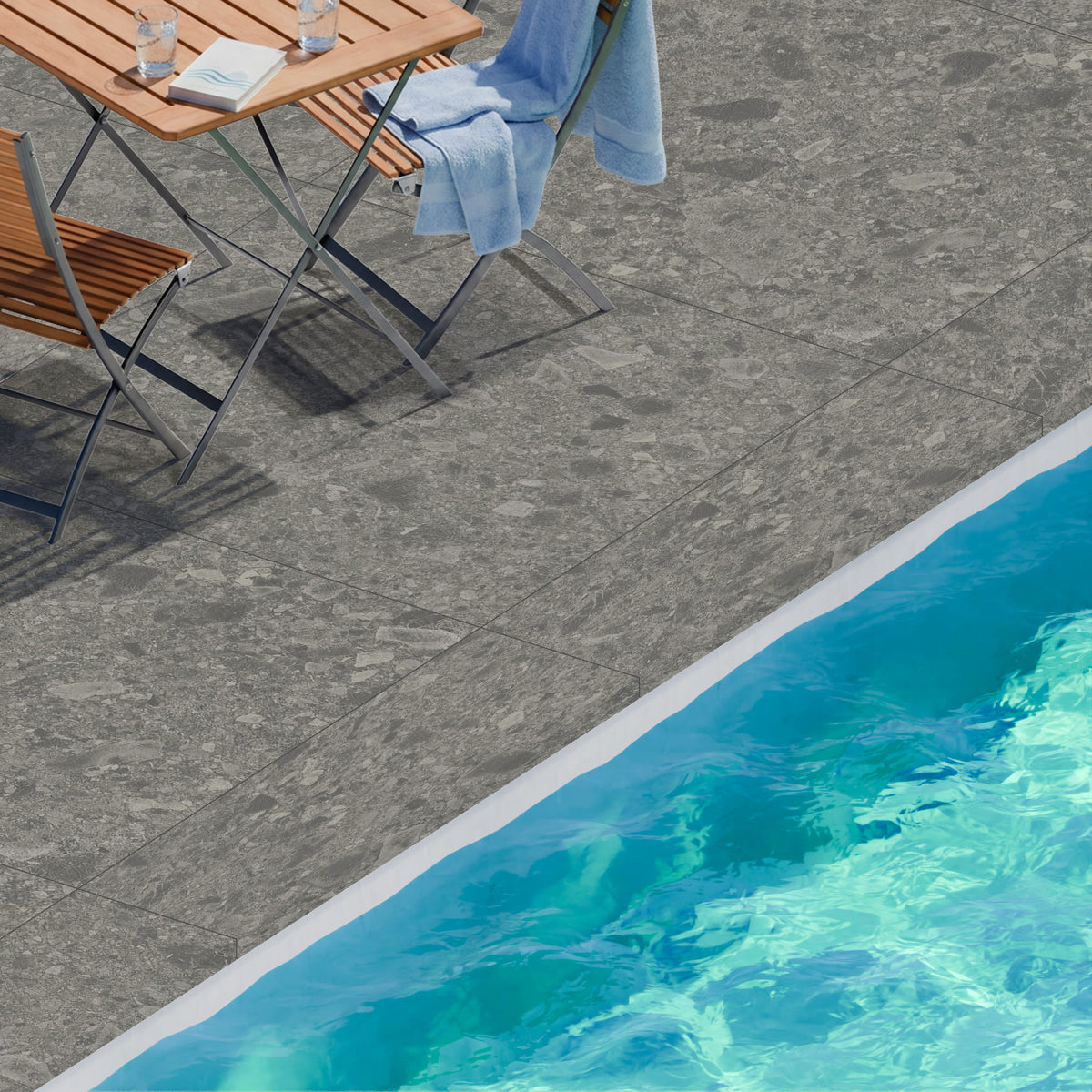 Margelle de piscine effet Pierre Ceppo di Gré Gris Foncé 120x33x2 cm Bord Droit avec retombée Massira