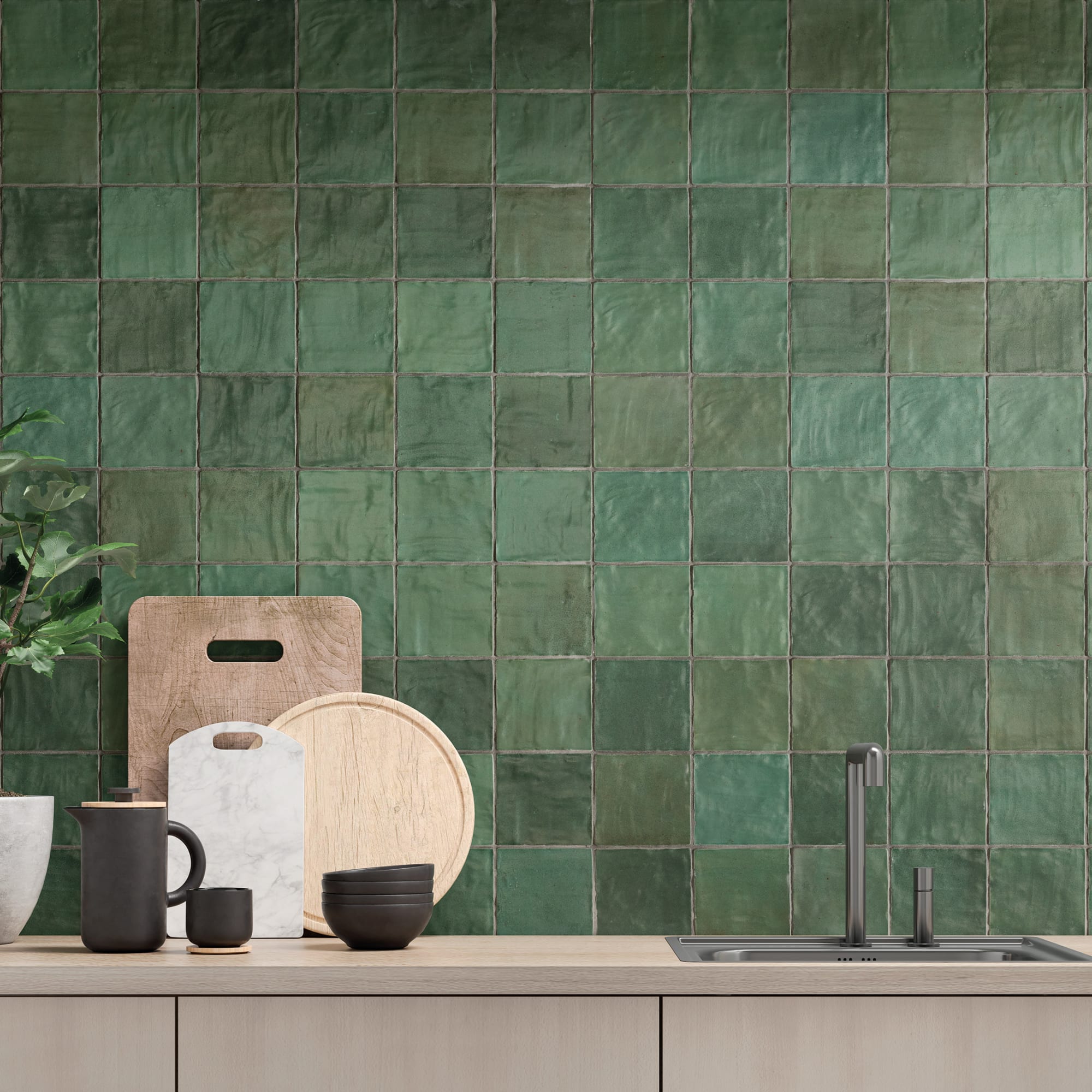 Carrelage effet Zellige Vert 10x10x0,85 cm Mat Serinor - Mur intérieur