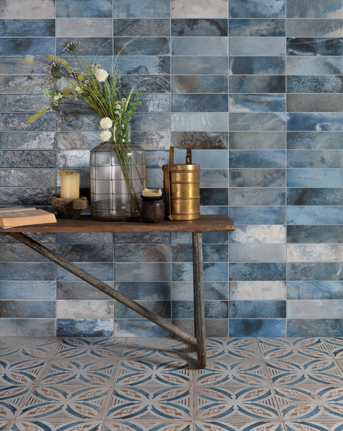 Carrelage Vintage effet Zellige Bleu 40x20x1,03 cm Patrina - Mur intérieur