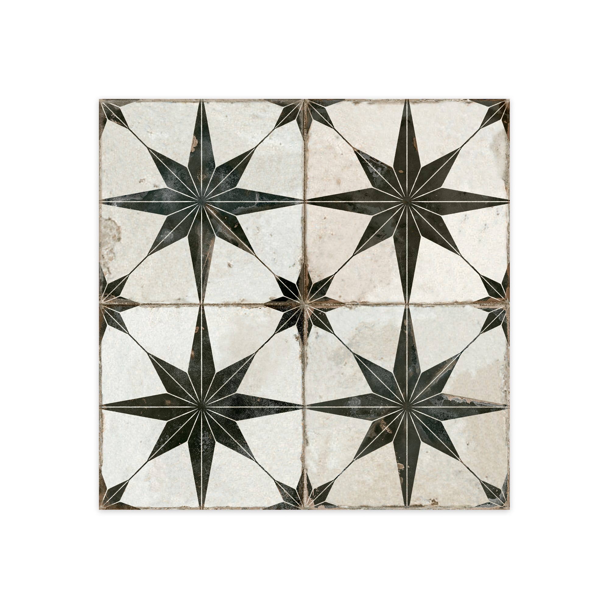 Carrelage Vintage effet Carreau ciment Etoile Noire et Fond Blanc 45x45x0,95 cm Sparta - Sol et mur intérieur