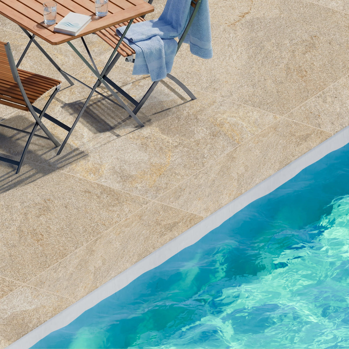 Margelle de piscine effet Pierre Quartzite Beige Doré 120x33x2 cm Bord 1/2 Rond Salvero