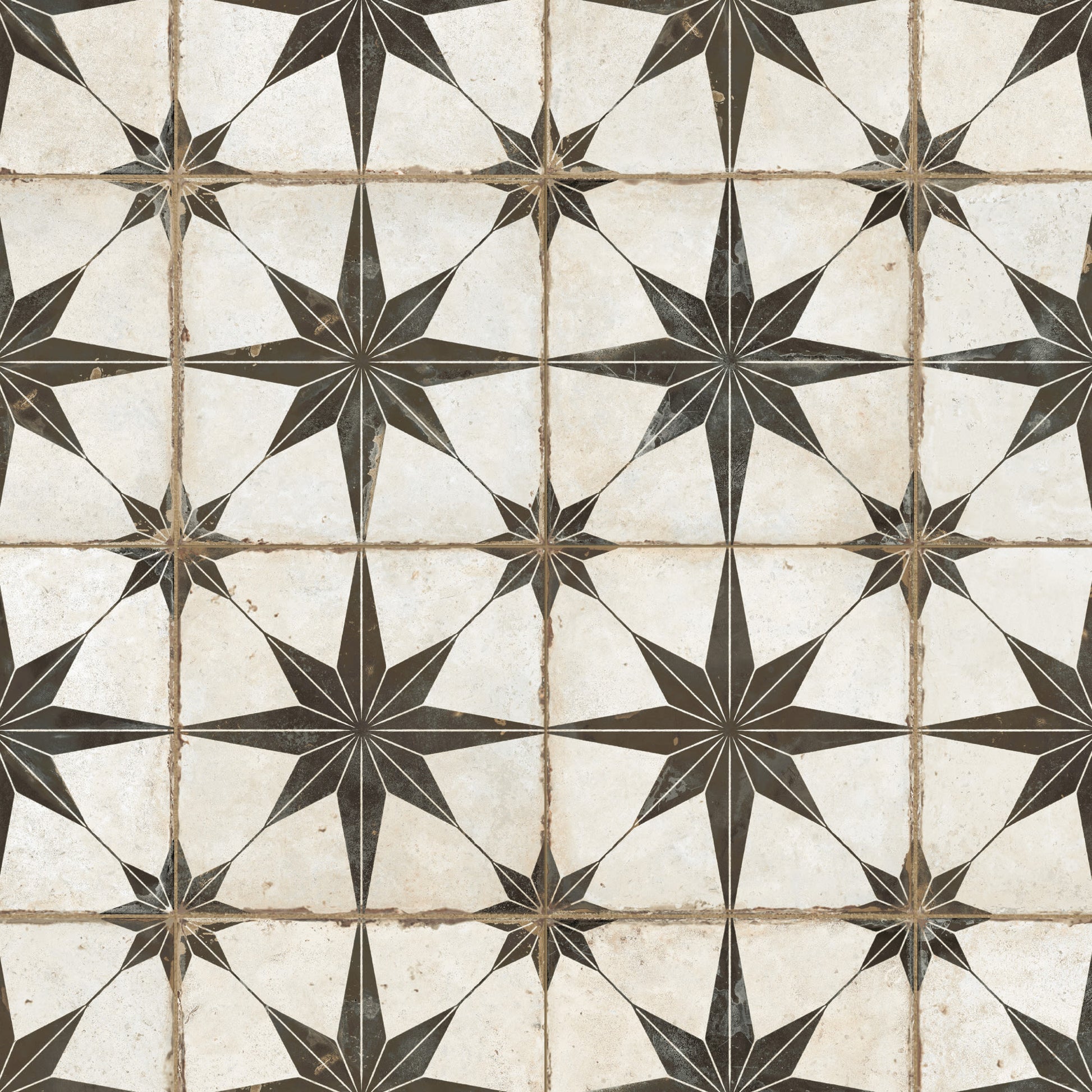 Carrelage Vintage effet Carreau ciment Etoile Noire et Fond Blanc 45,2x45,2x0,95 cm In&Out Sparta - Sol et mur intérieur et Sol extérieur