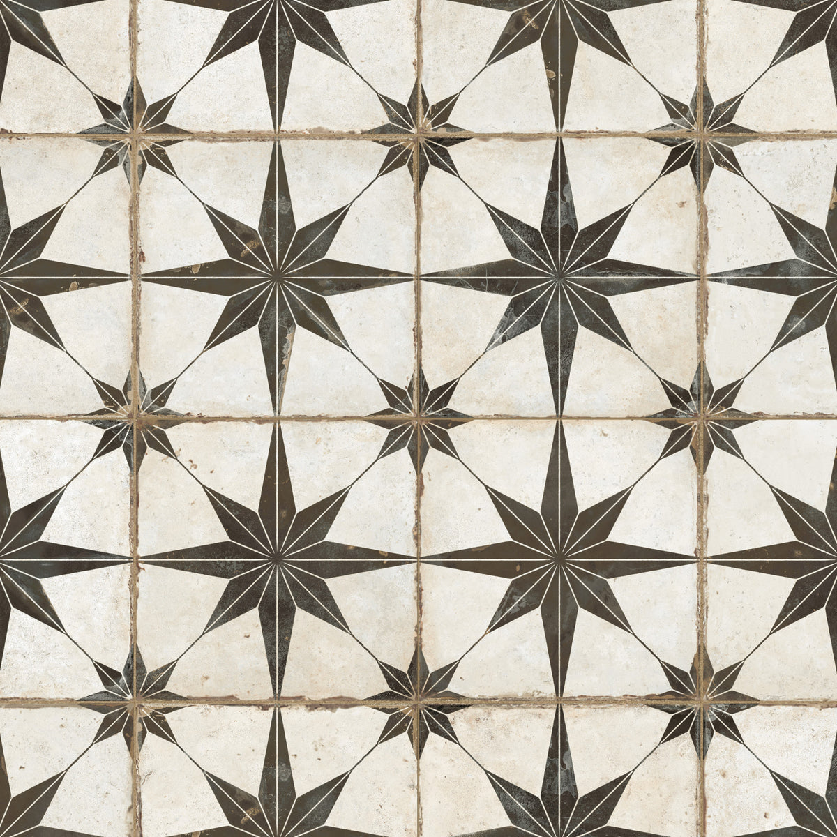 Carrelage Vintage effet Carreau ciment Etoile Noire et Fond Blanc 45,2x45,2x0,95 cm In&Out Sparta - Sol et mur intérieur et Sol extérieur