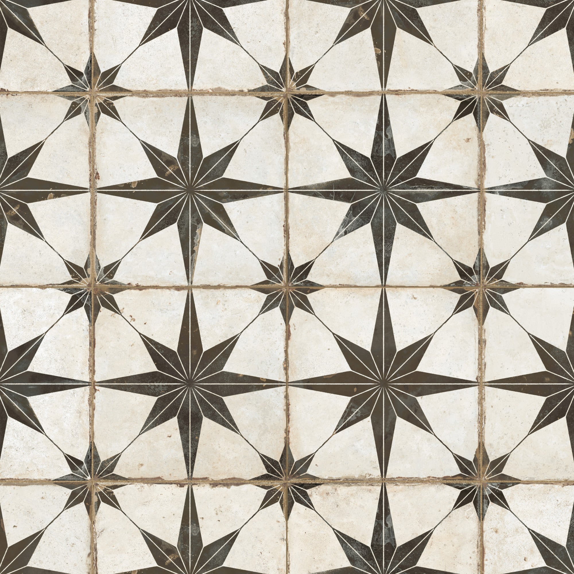 Carrelage Vintage effet Carreau ciment Etoile Noire et Fond Blanc 45,2x45,2x0,95 cm In&Out Sparta - Sol et mur intérieur et Sol extérieur