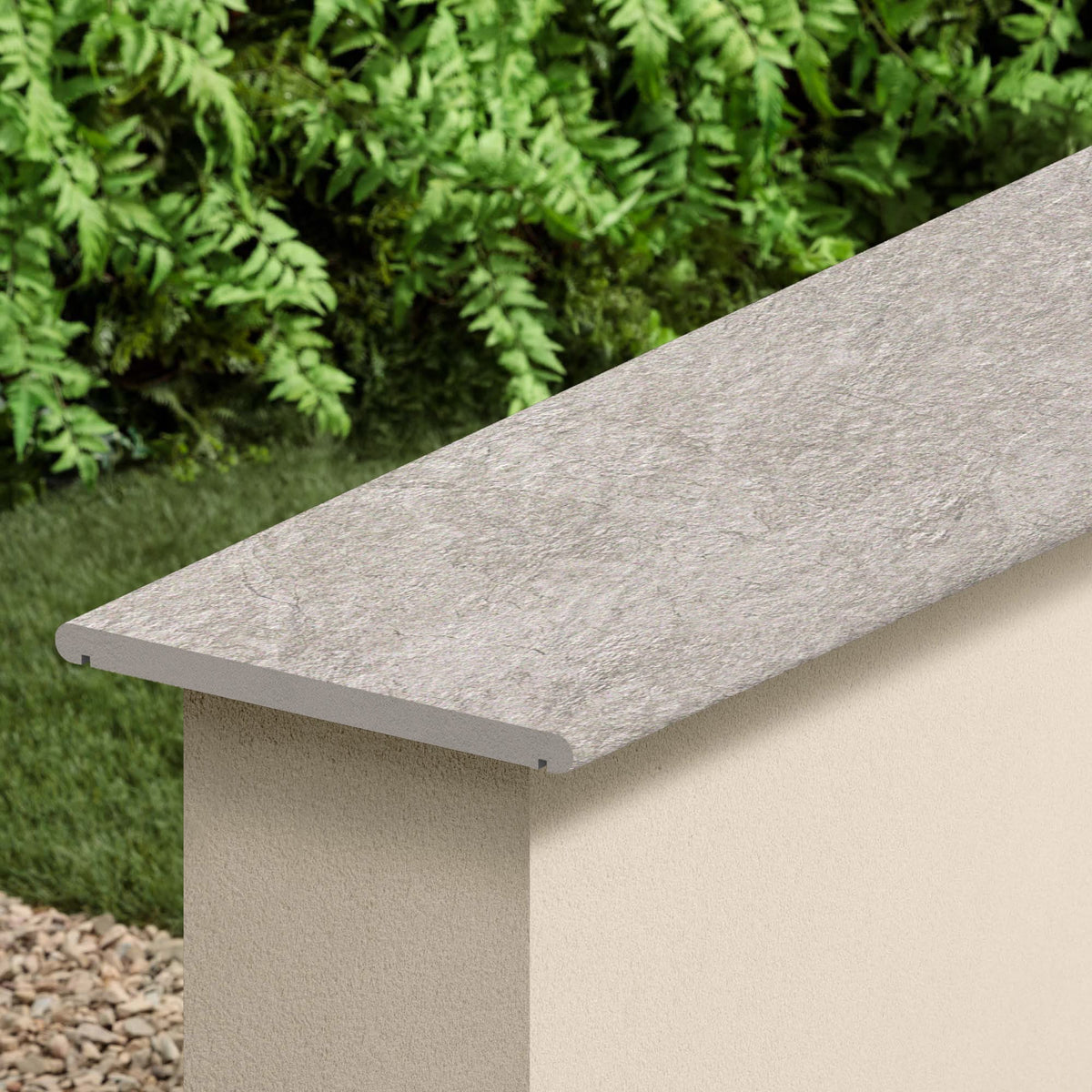 Couvertine effet Pierre Quartzite Gris Silver 120x30x2 cm Bord 1/2 Rond Double Larmier Teravio