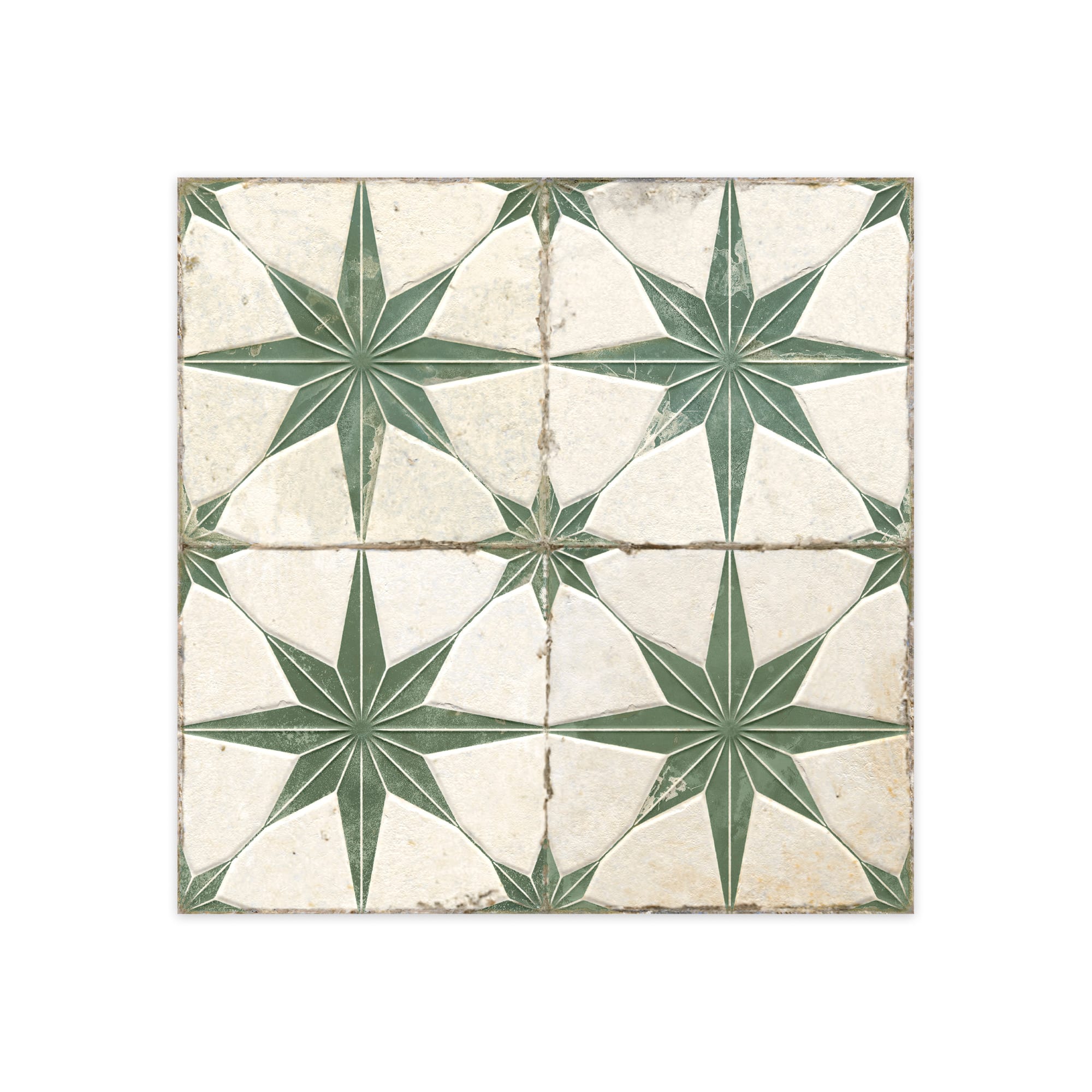Carrelage Vintage effet Carreau ciment 3D Etoile Verte et Fond Blanc 45x45x0,95 cm Sparta - Sol et mur intérieur