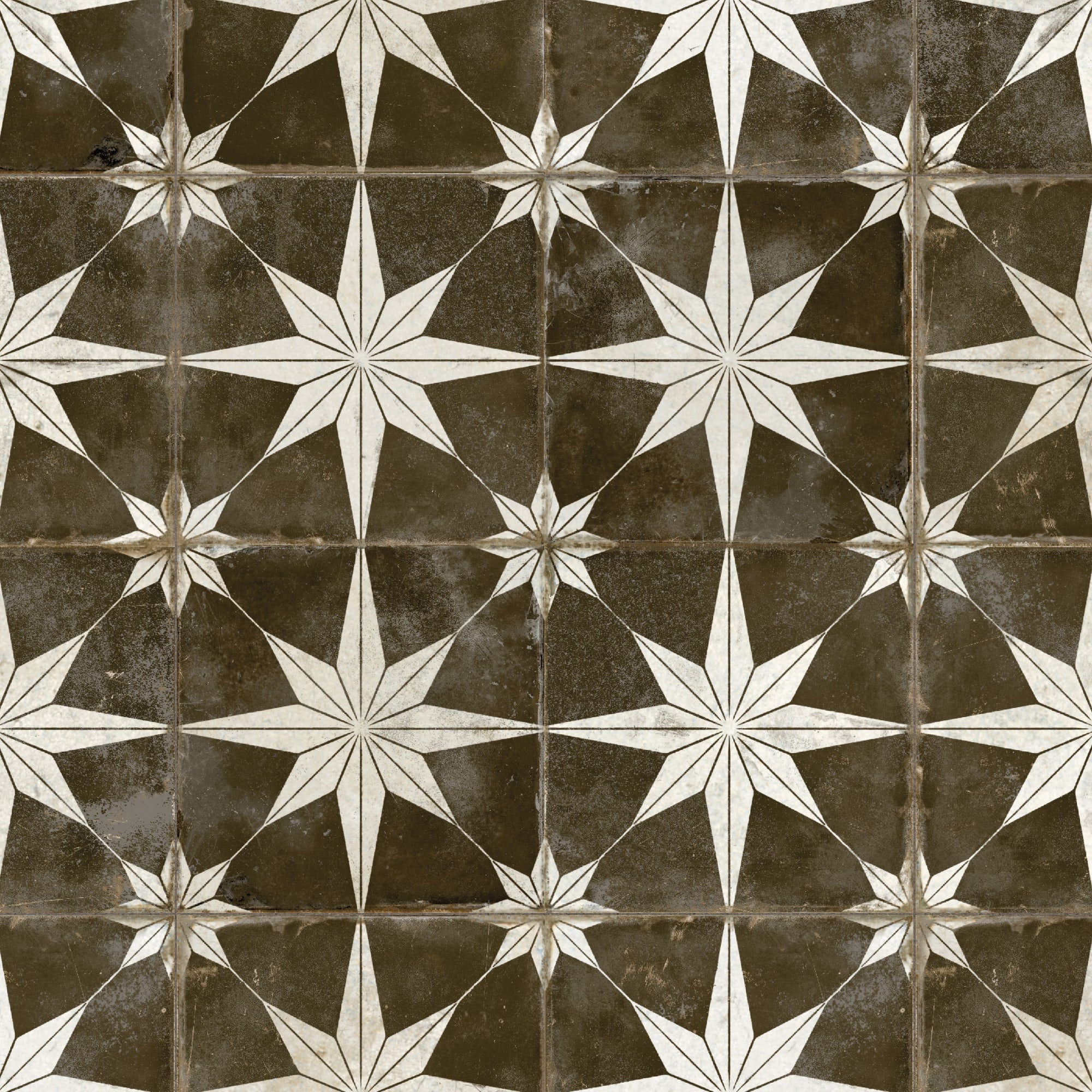 Carrelage Vintage effet Carreau ciment Etoile Blanche et Fond Noir 45x45x0,95 cm Sparta - Sol et mur intérieur