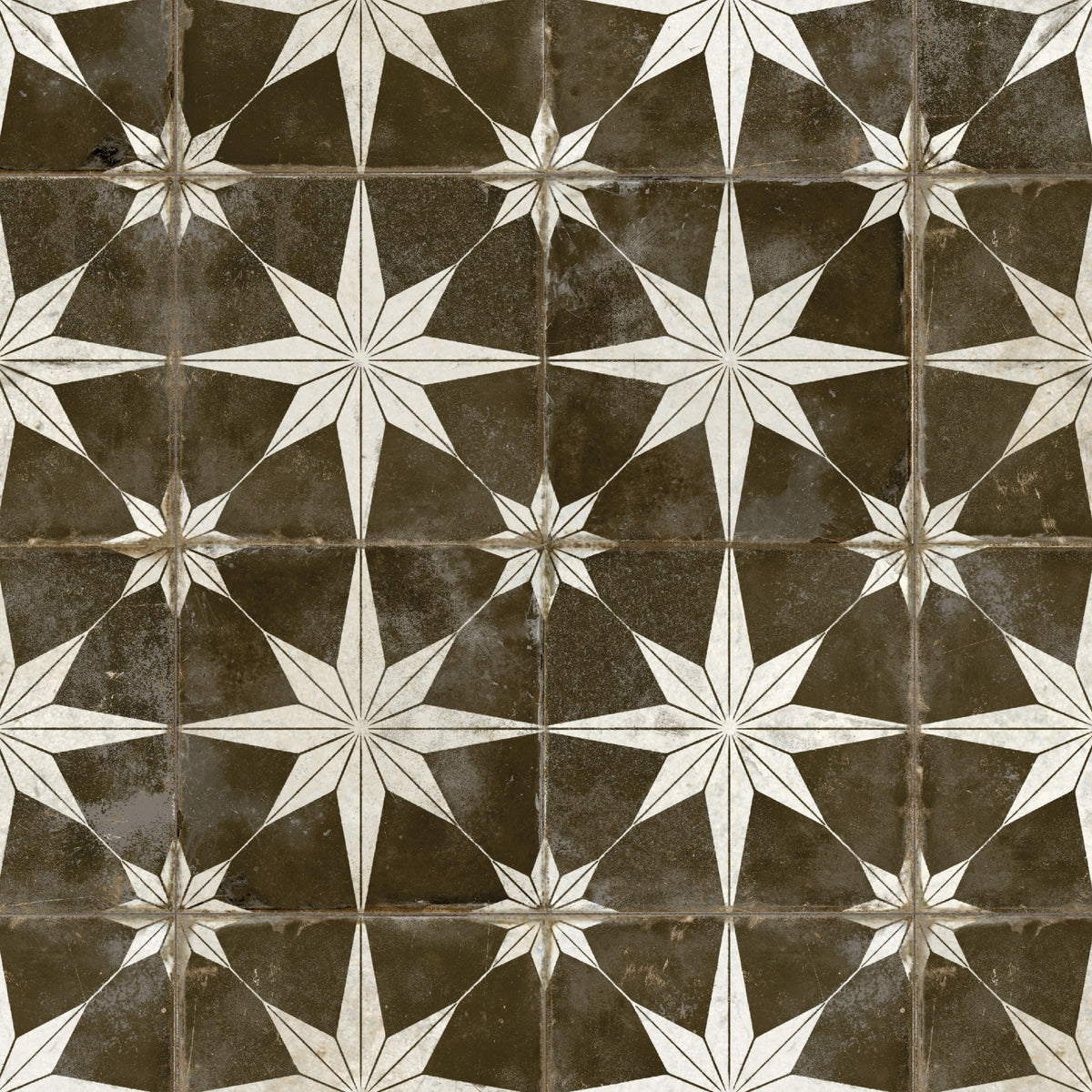 Carrelage Vintage effet Carreau ciment Etoile Blanche et Fond Noir 45x45x0,95 cm Sparta - Sol et mur intérieur
