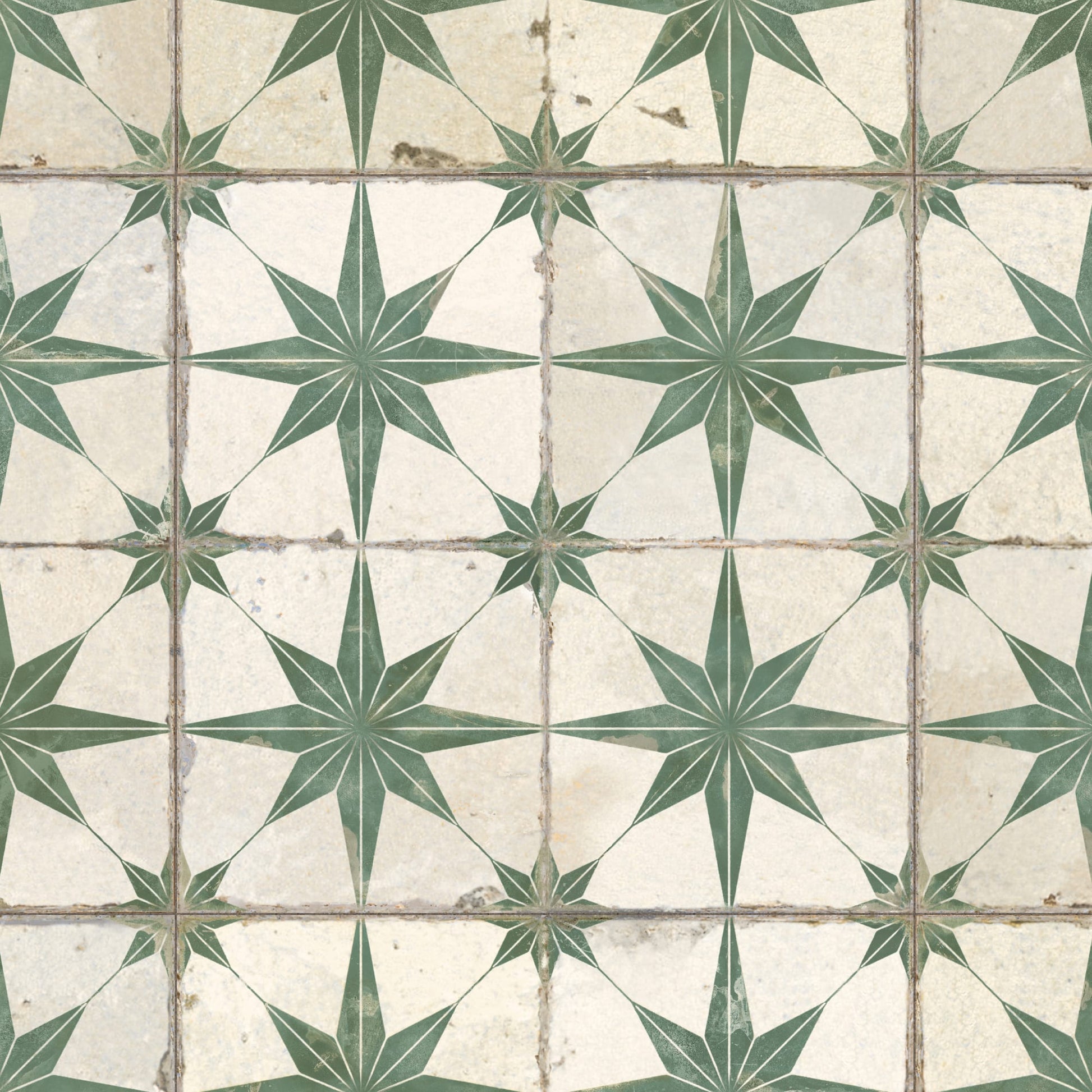 Carrelage Vintage effet Carreau ciment 3D Etoile Verte et Fond Blanc 45x45x0,95 cm Sparta - Sol et mur intérieur