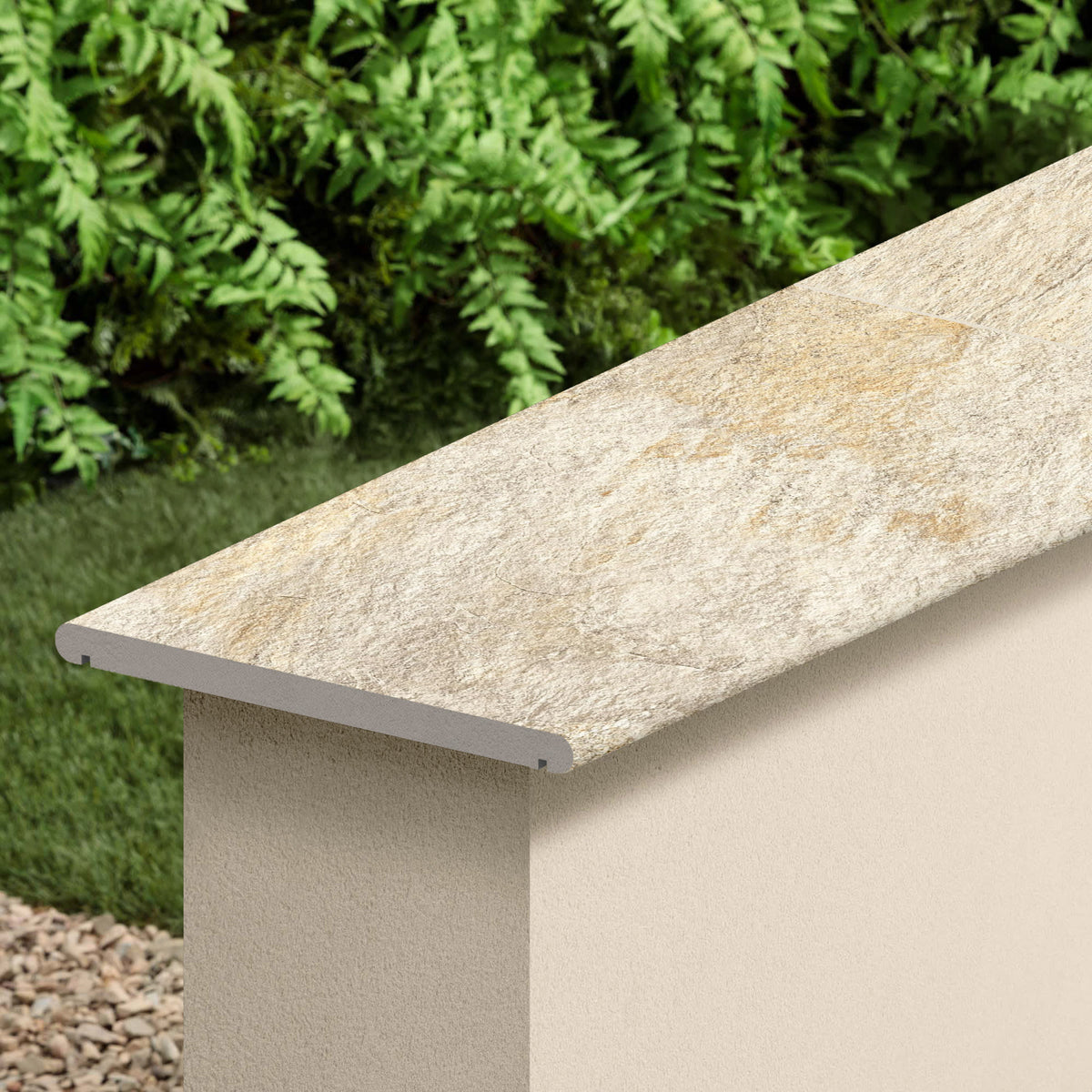 Couvertine effet Pierre Quartzite Gris Beige 60x30x2 cm Bord 1/2 Rond Double Larmier Salvero