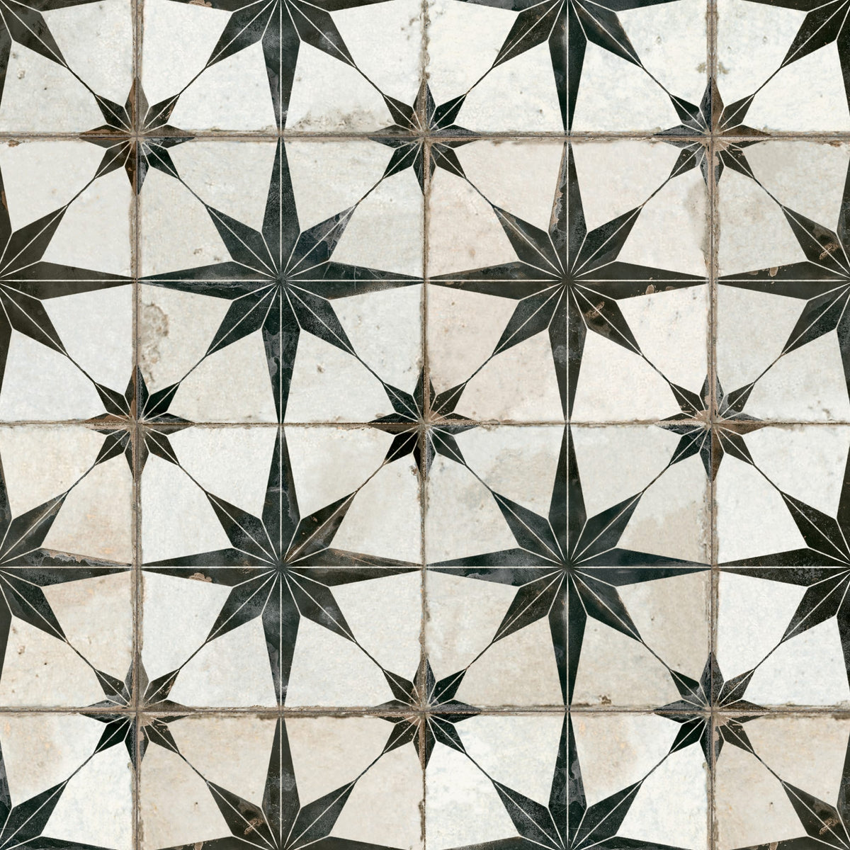 Carrelage Vintage effet Carreau ciment Etoile Noire et Fond Blanc 45x45x0,95 cm Sparta - Sol et mur intérieur